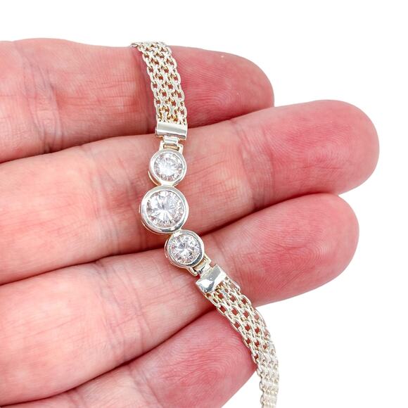 Vintage Italy Sterling Silver 925 3 Cubic Zirconia Mesh Choker Necklace 17" - Picture 1 of 6